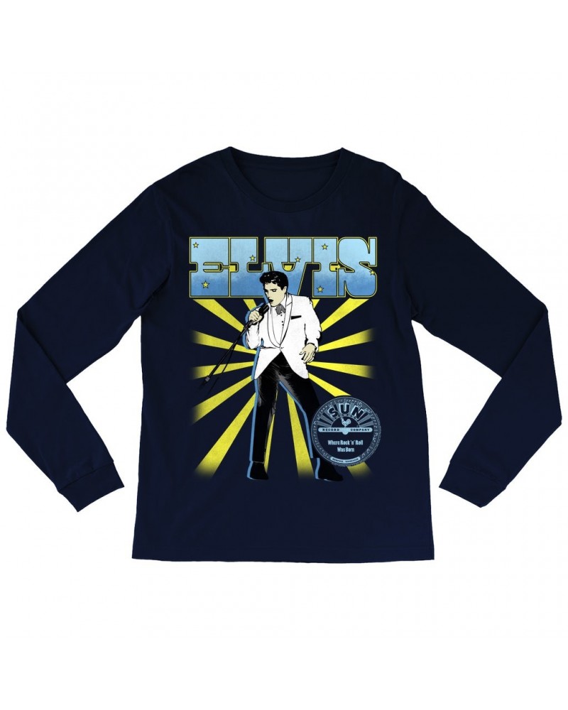 Elvis Presley Sun Records Long Sleeve Shirt | Retro Blue Yellow Burst Sun Records Shirt $12.88 Shirts